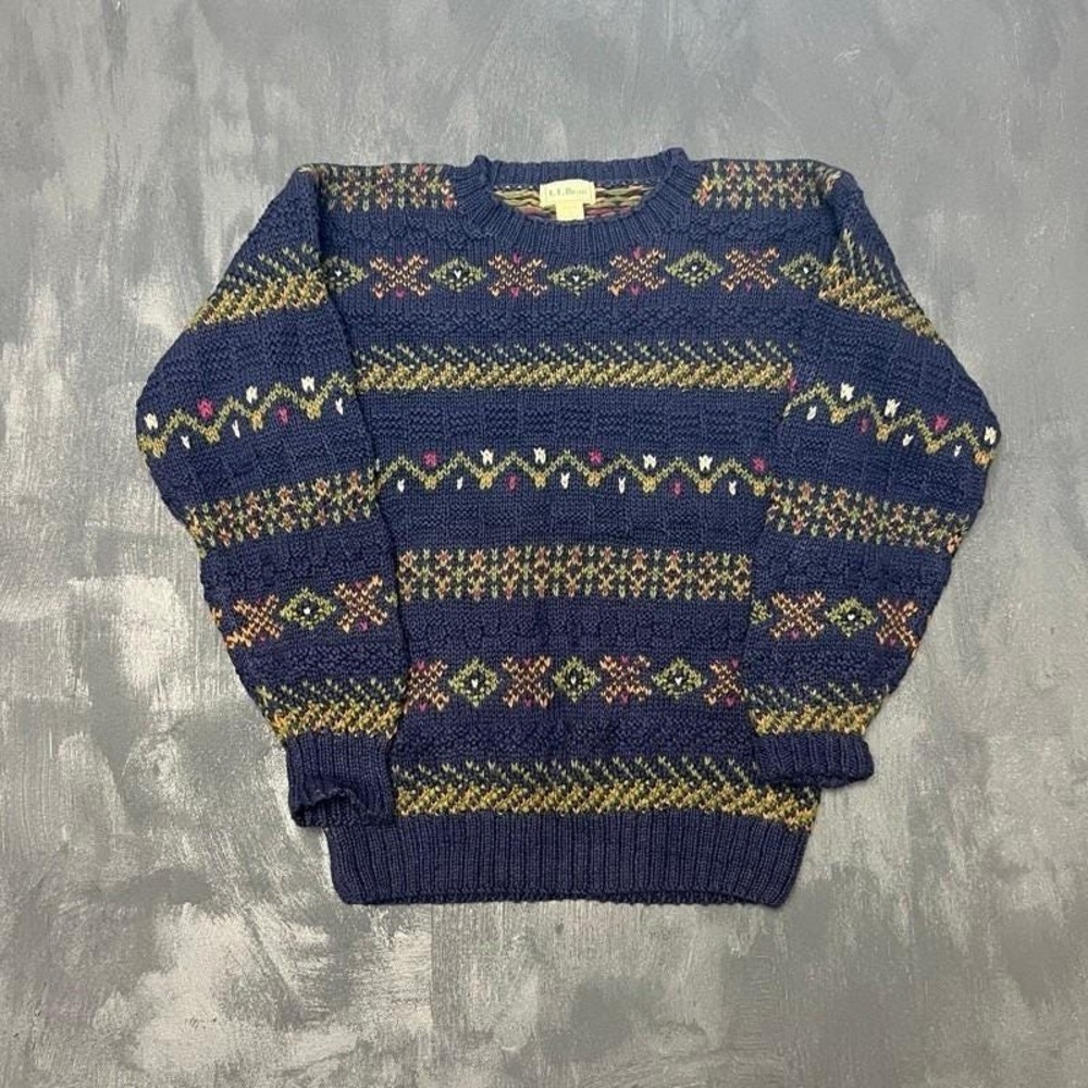 Vintage LL Bean Knit Sweater Small Blue‎ 1990s Chunky Striped